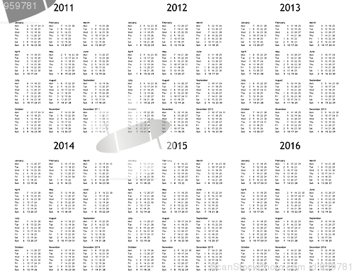 Image of Multi year calendar from 2011 to 2016