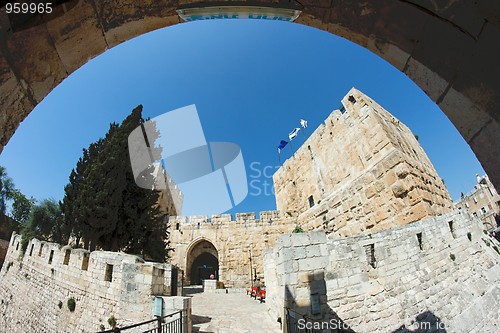 Image of Fisheye view of an ancient citadel in Jerusalem