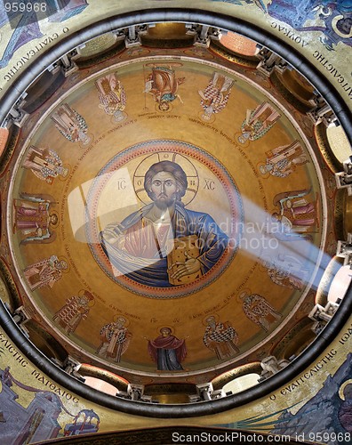 Image of Sunlit painting of Jesus Christ on dome of Church of the Holy Sepulchre
