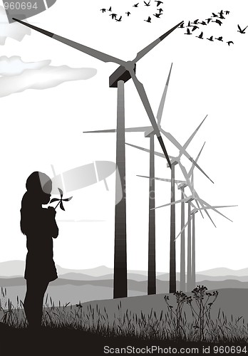 Image of Girl and Wind turbine