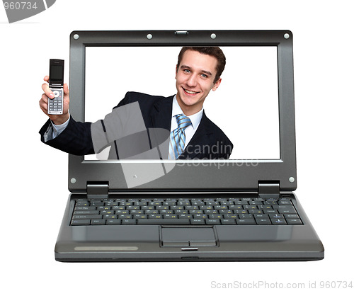 Image of laptop with businessman giving your phone