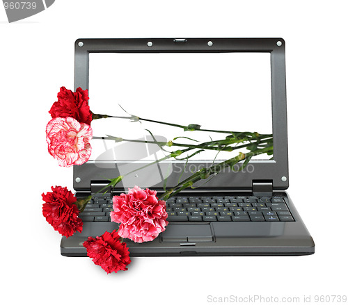 Image of laptop with carnations bouquet
