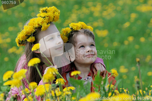 Image of Brother and sister with dandelion garlands