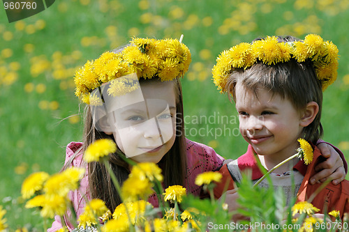 Image of Brother and sister with dandelion garlands