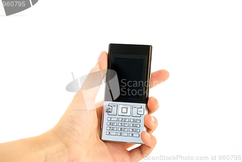 Image of Mobile phone in hand isolated white.