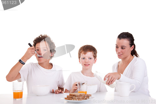 Image of cute boys and mother taking breakfast