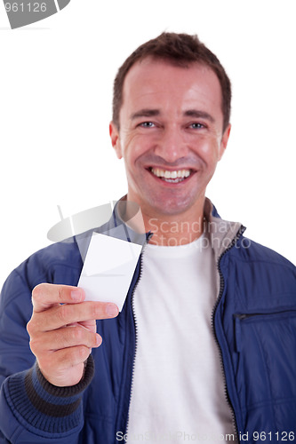 Image of Portrait of a handsome man, with blank business card in hand