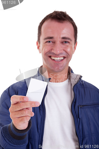 Image of Portrait of a handsome man, with blank business card in hand