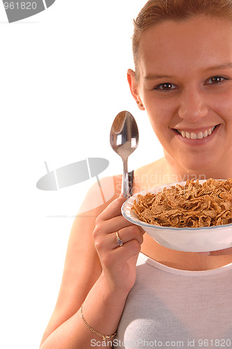Image of Smiling woman with cereal.