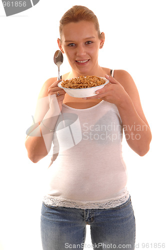 Image of Smiling woman with cereal.