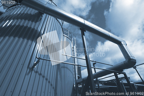 Image of Industrial zone, Steel pipelines in blue tones