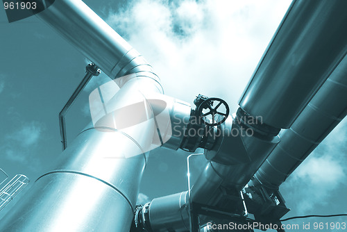 Image of Industrial zone, Steel pipelines in blue tones