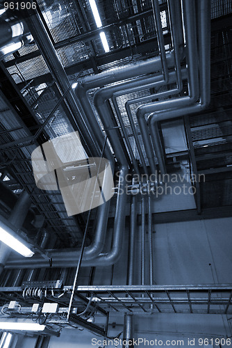 Image of Industrial zone, Steel pipelines in blue tones 