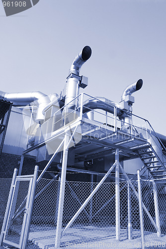 Image of Industrial zone, Steel pipelines in blue tones  