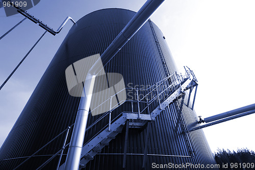 Image of Industrial zone, Steel pipelines in blue tones  