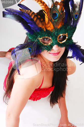 Image of Girl in red lingerie with mask.