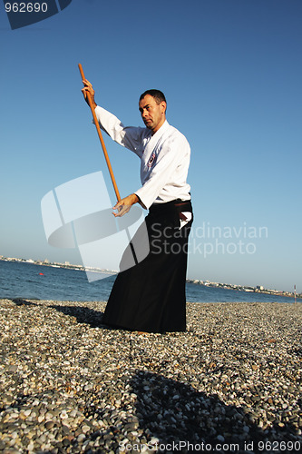 Image of Man with stick exercising aikido