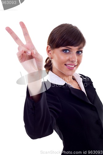 Image of woman making the victory sign