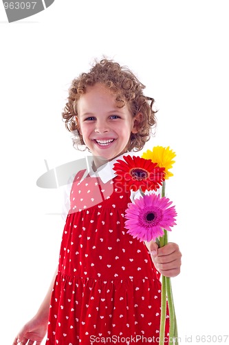 Image of  little girl offering flowers