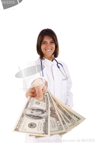 Image of Friendly female doctor with money