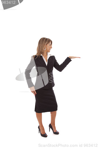 Image of Businesswoman showing something