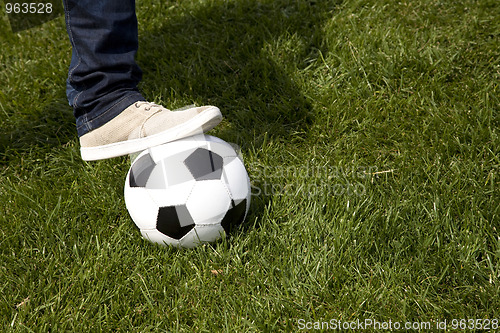 Image of Human foot and a soccer ball