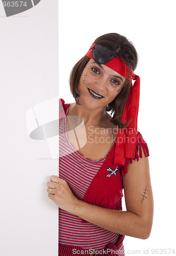 Image of pirate woman holding a banner