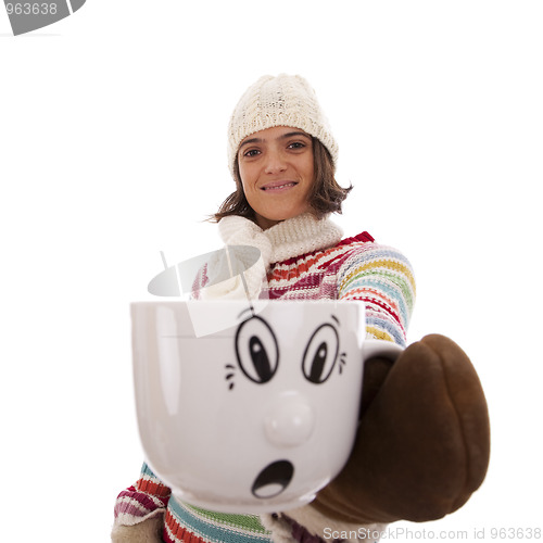 Image of woman with her hot drink cup