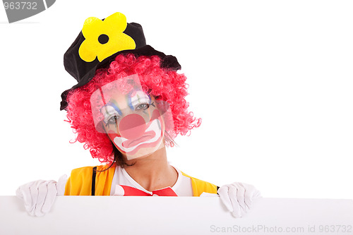 Image of sad clown holding a banner