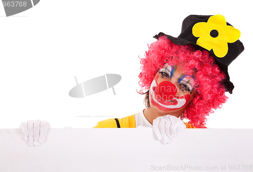 Image of funny clown holding a banner