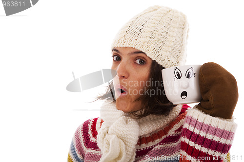 Image of Surprised woman like her hot drink cup