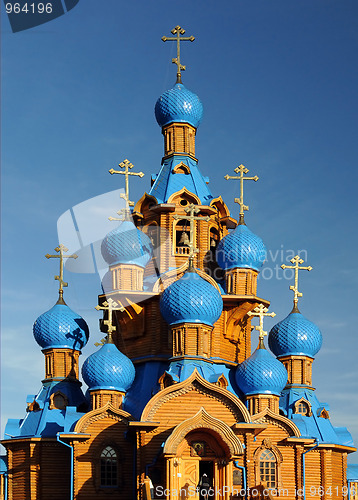 Image of Wooden Church with Blue Domes