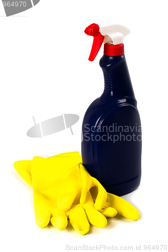 Image of cleaning spray and rubber gloves 