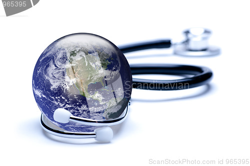 Image of Earth, featuring USA, enclosed in stethoscope