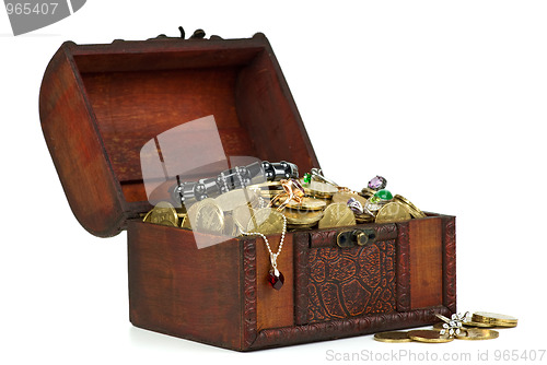Image of Treasure: wooden chest with golden coins, gems, rings, e.t.c.