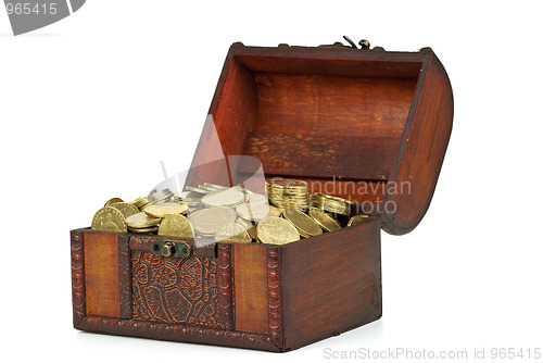 Image of Old wooden chest with golden coins