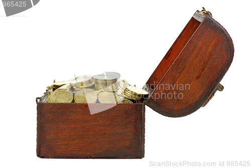 Image of Old wooden chest with golden coins