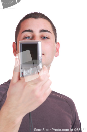 Image of happy young casual man taking pictures