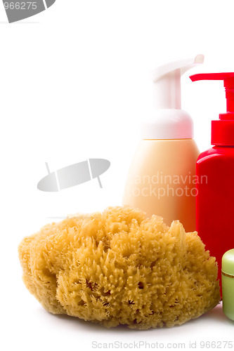 Image of natural sponge and cosmetics