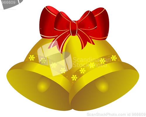 Image of Two golden christmas bells with red bow