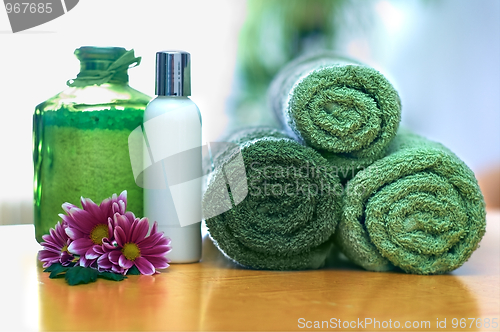 Image of Green towels in bathroom