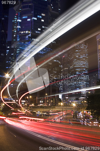 Image of Modern Urban City with Freeway Traffic at Night