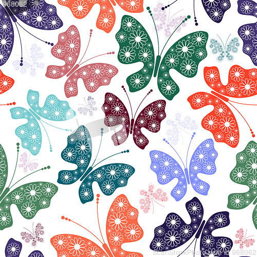 Image of Seamless white floral pattern with butterflies 