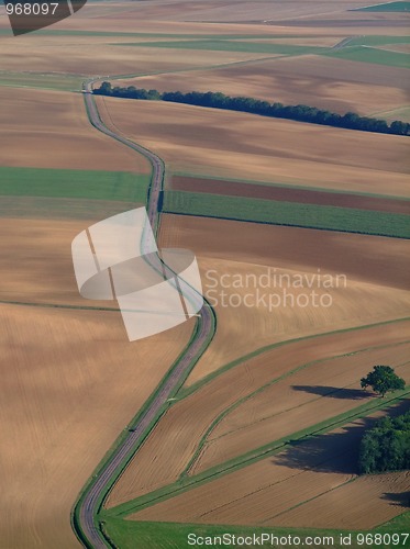 Image of Aerial view of countryside road Champagne Ardennes region