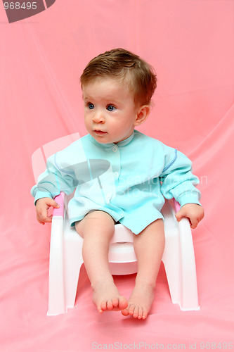 Image of pretty baby sitting on chamber-pot