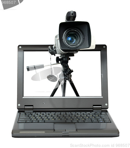 Image of laptop with video camera on tripod