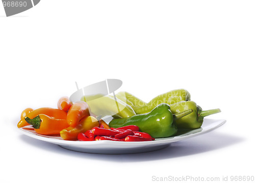 Image of Assorted chili peppers on a white plate