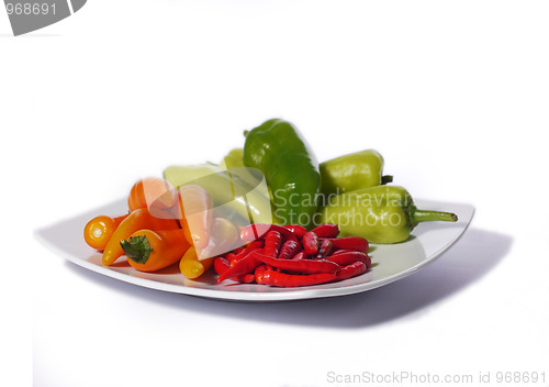 Image of Assorted chili peppers on a white plate, isolated