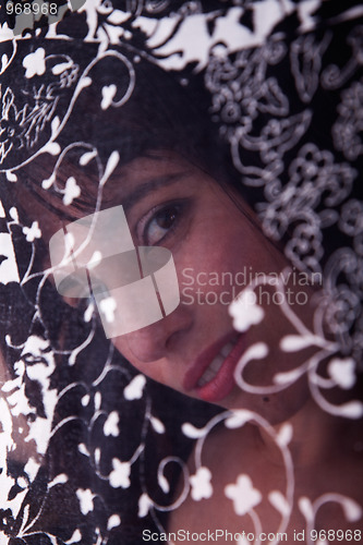 Image of beautiful woman behind a lucid curtain