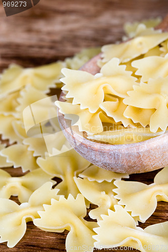 Image of uncooked pasta in wooden spoon 